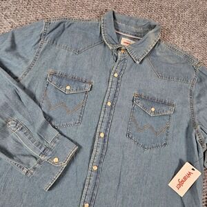 Wrangler Mens Western Denim Shirt Light Wash Pearl Snap XL Long Sleeve